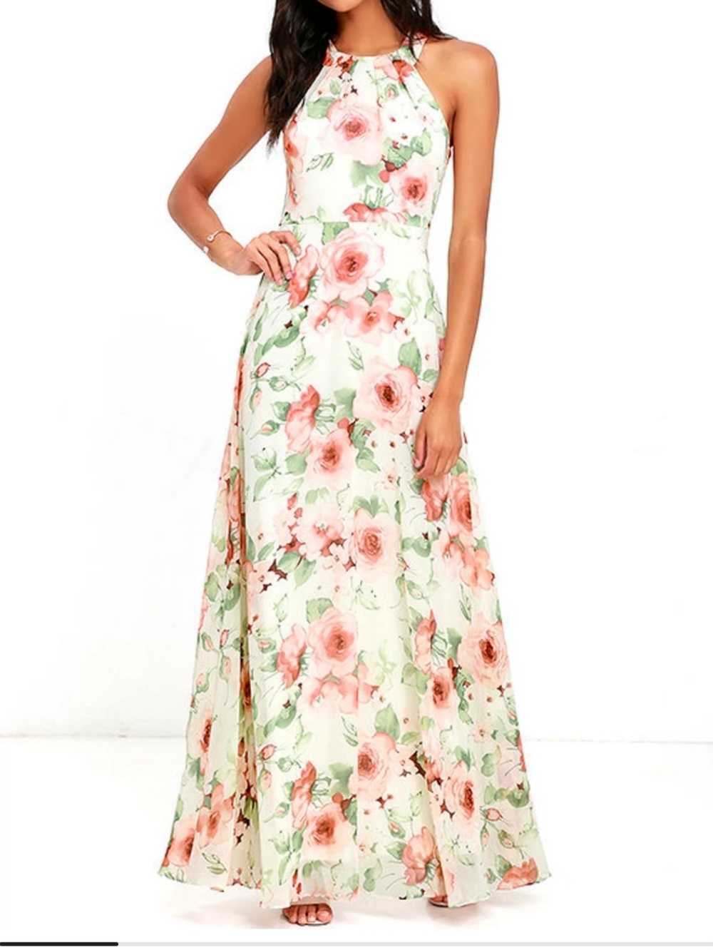 Halter Floral Maxi Dress in Blush Pink and Cream